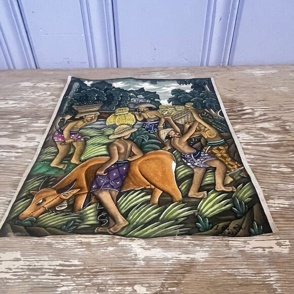 Vintage Balinese Gouache Painting I.BG Rai Bali Village Scene Rice Harvest 11x8” - Picture 2 of 15